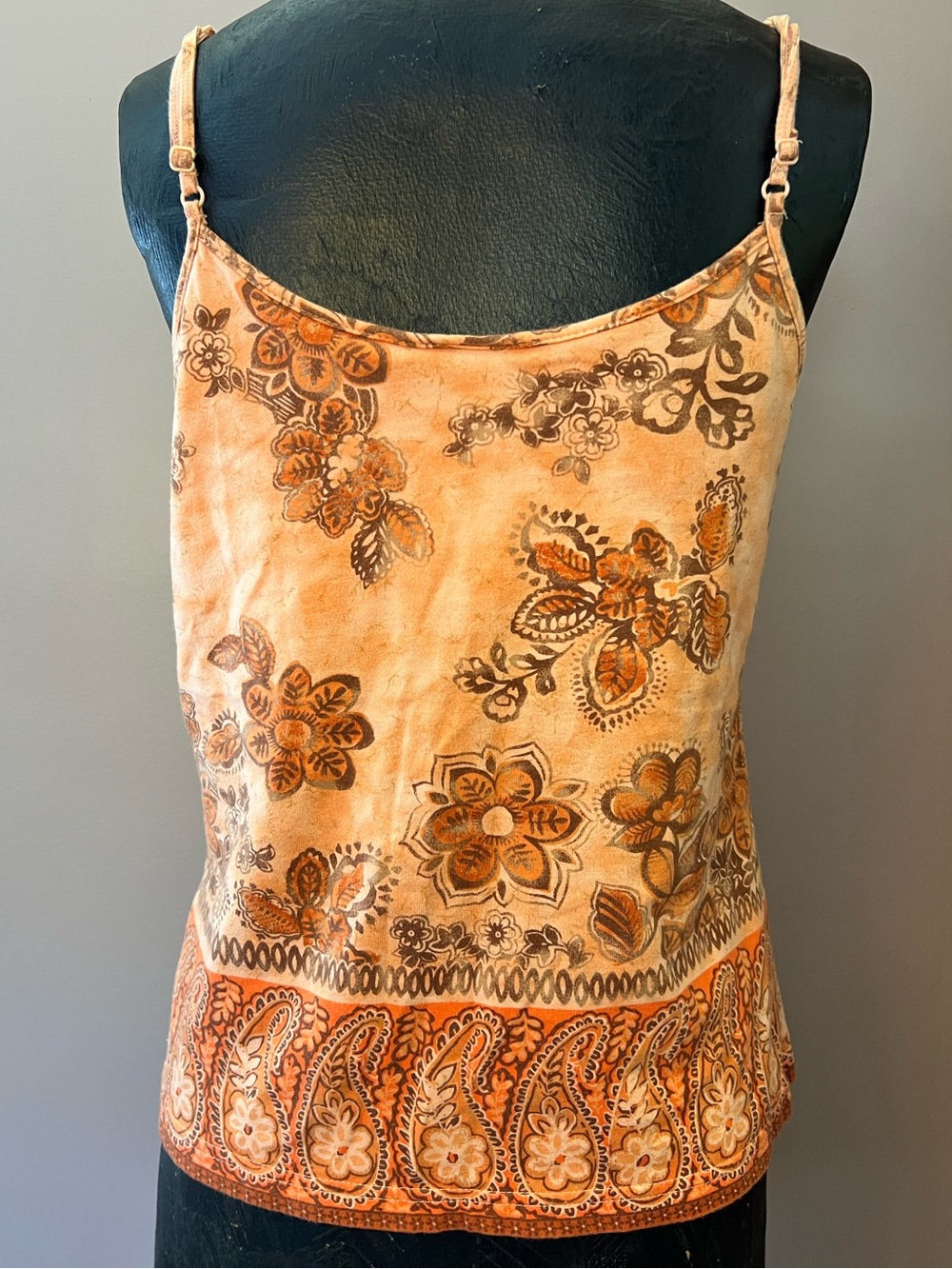Y2K Faded Glory Orange Paisley Tropical Floral Braided Straps Tank Top Size L - Picture 6 of 10